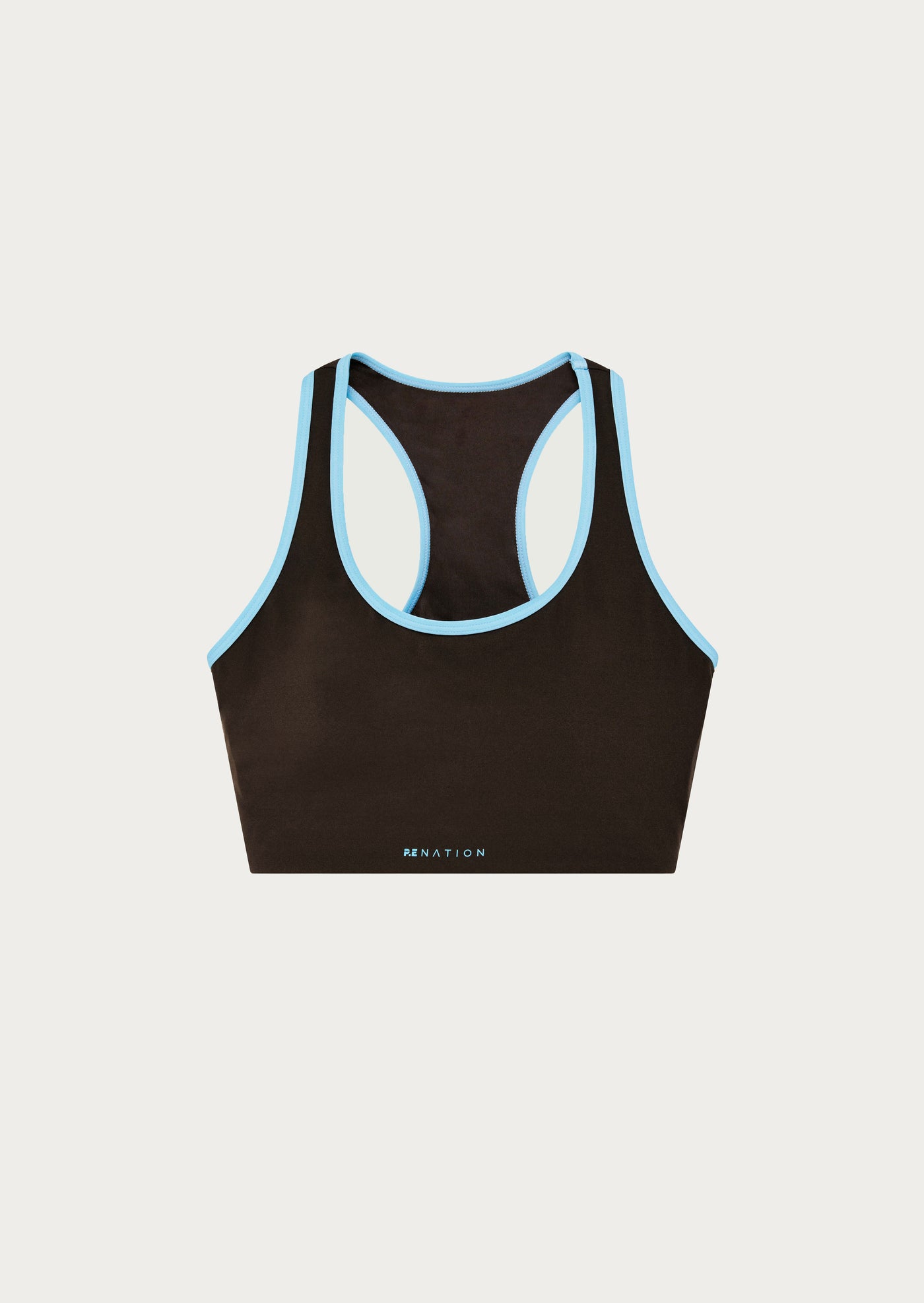 STELLAR SPORTS BRA IN COFFEE / BRIGHT BLUE